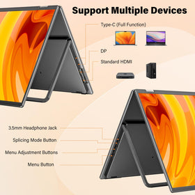 InnoView dual-monitor 18-inch two-device input illustrates simultaneous Windows and Mac connectivity.