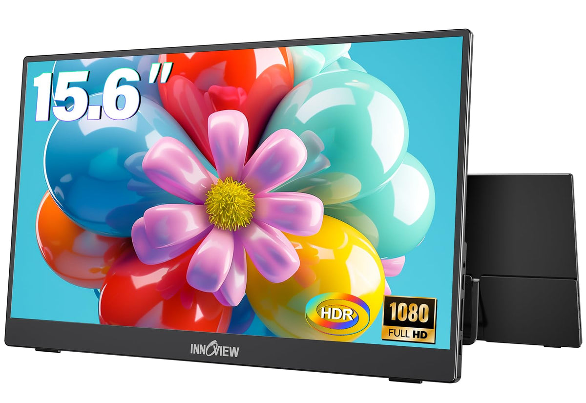 InnoView portable monitor with built-in stand for quick, stable travel setup.