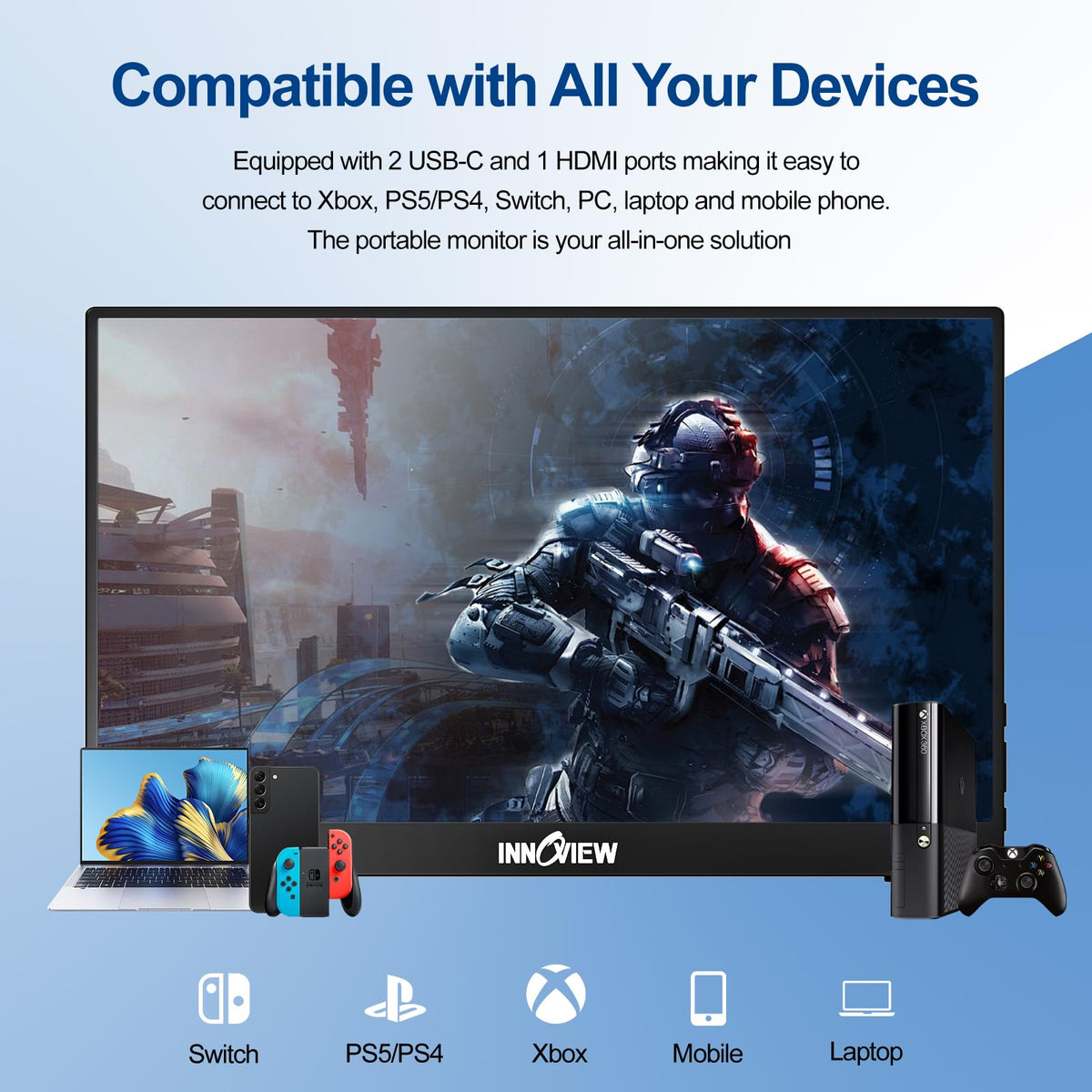 InnoView built-in stand supports a comfortable 90-degree tilt.