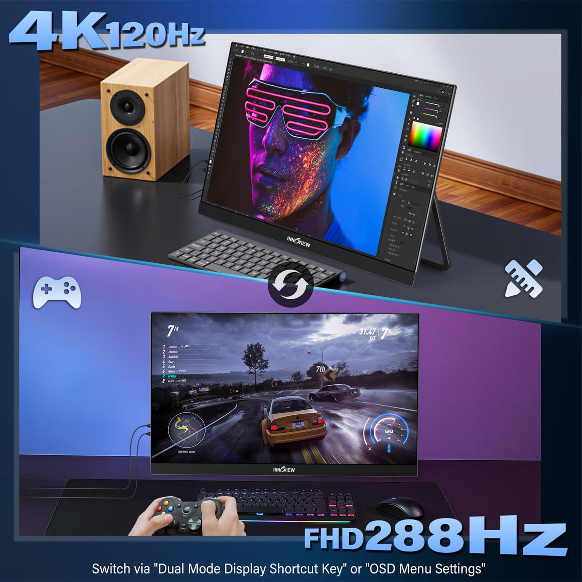 InnoView portable monitor with a slim 0.7-inch profile and quick indoor setup.