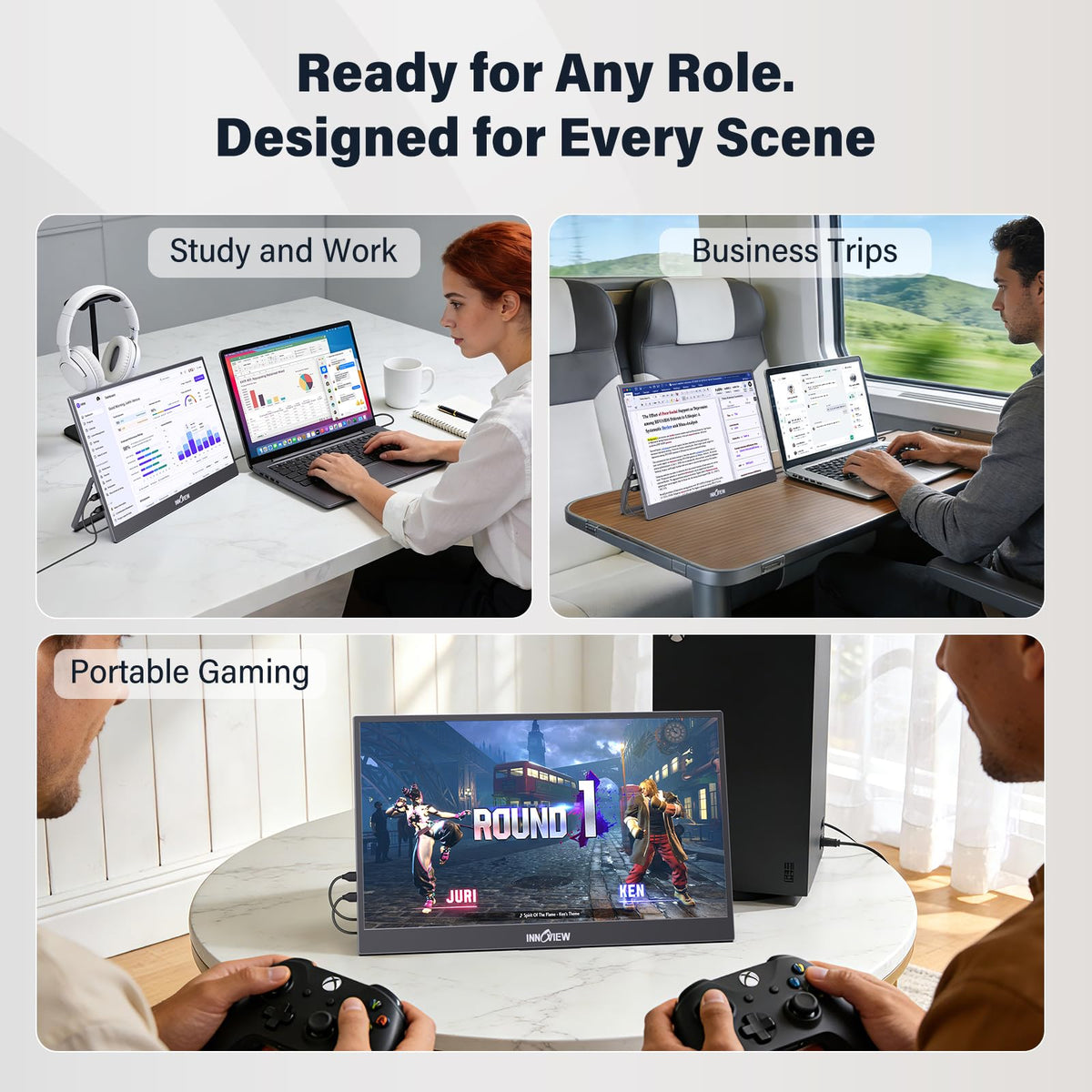 InnoView USB-C and HDMI ports enable plug-and-play with laptops.