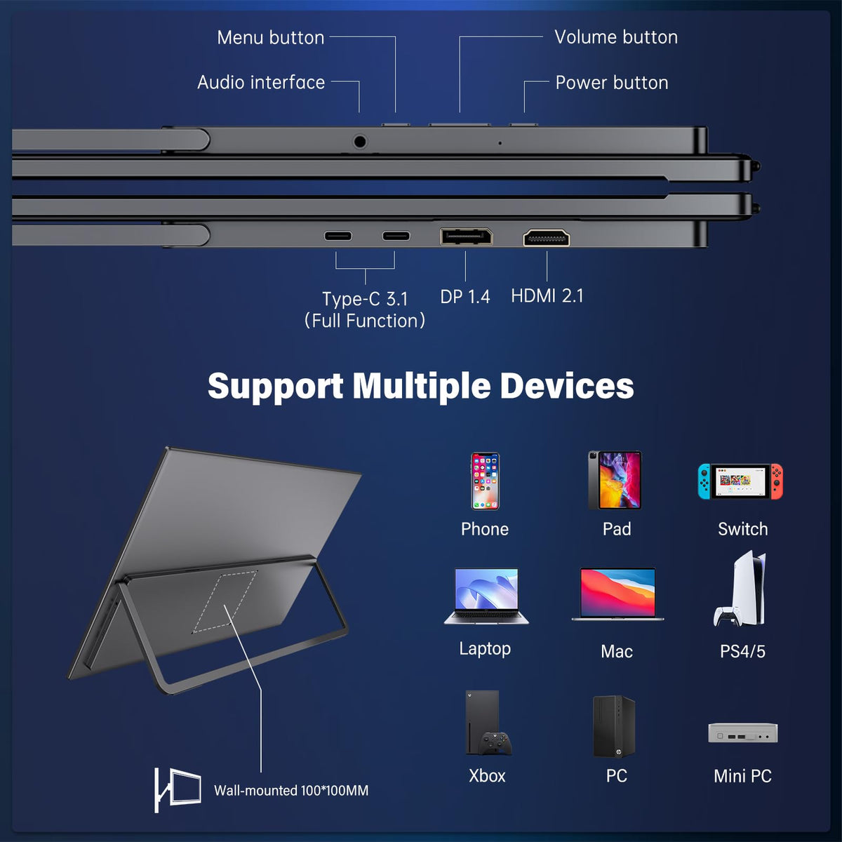 InnoView VESA mount and ergonomic stand for flexible placement.