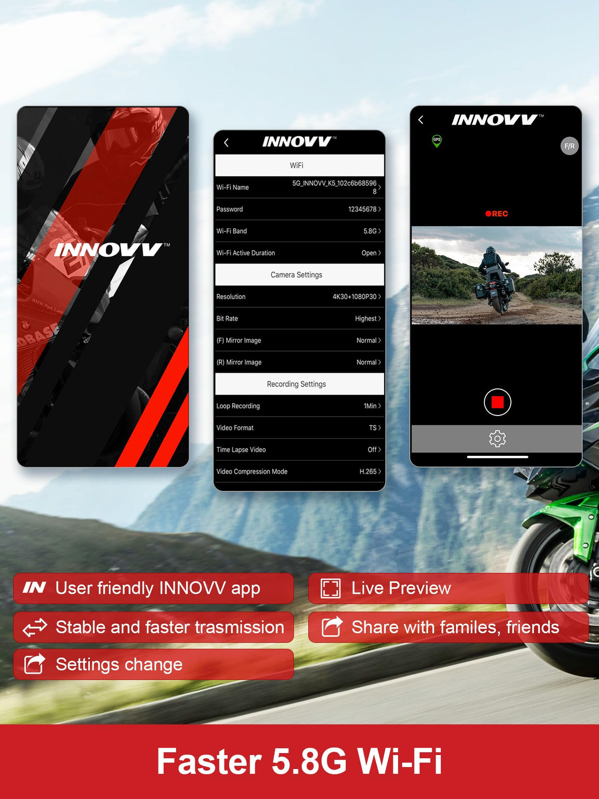 INNOVV K7 WiFi app control enables quick previews and sharing.