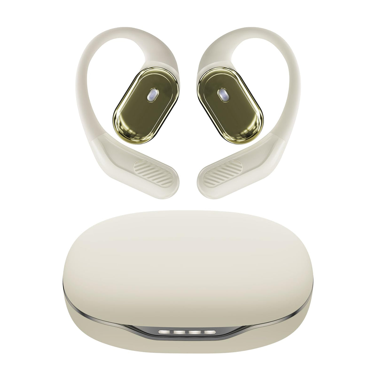 inscamera front view of open-ear headphones showing fit and comfort