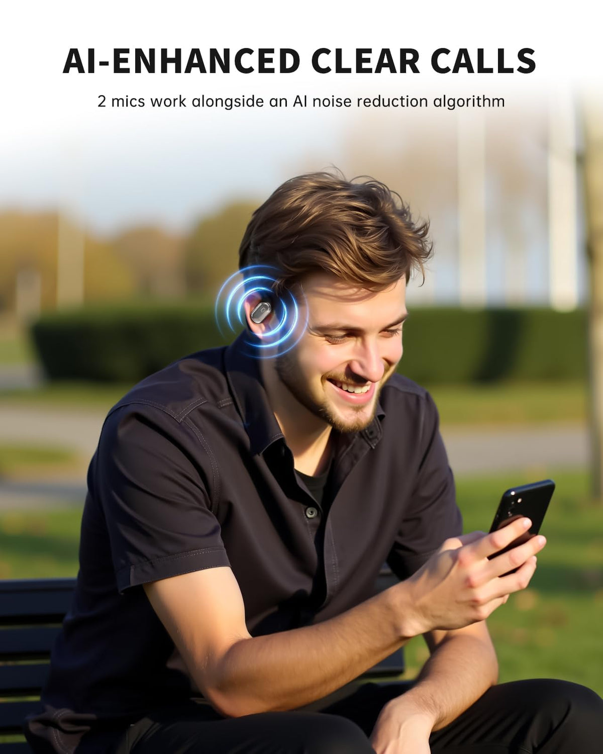 inscamera commuter wearing earbuds on train showing clear calls and long-play convenience