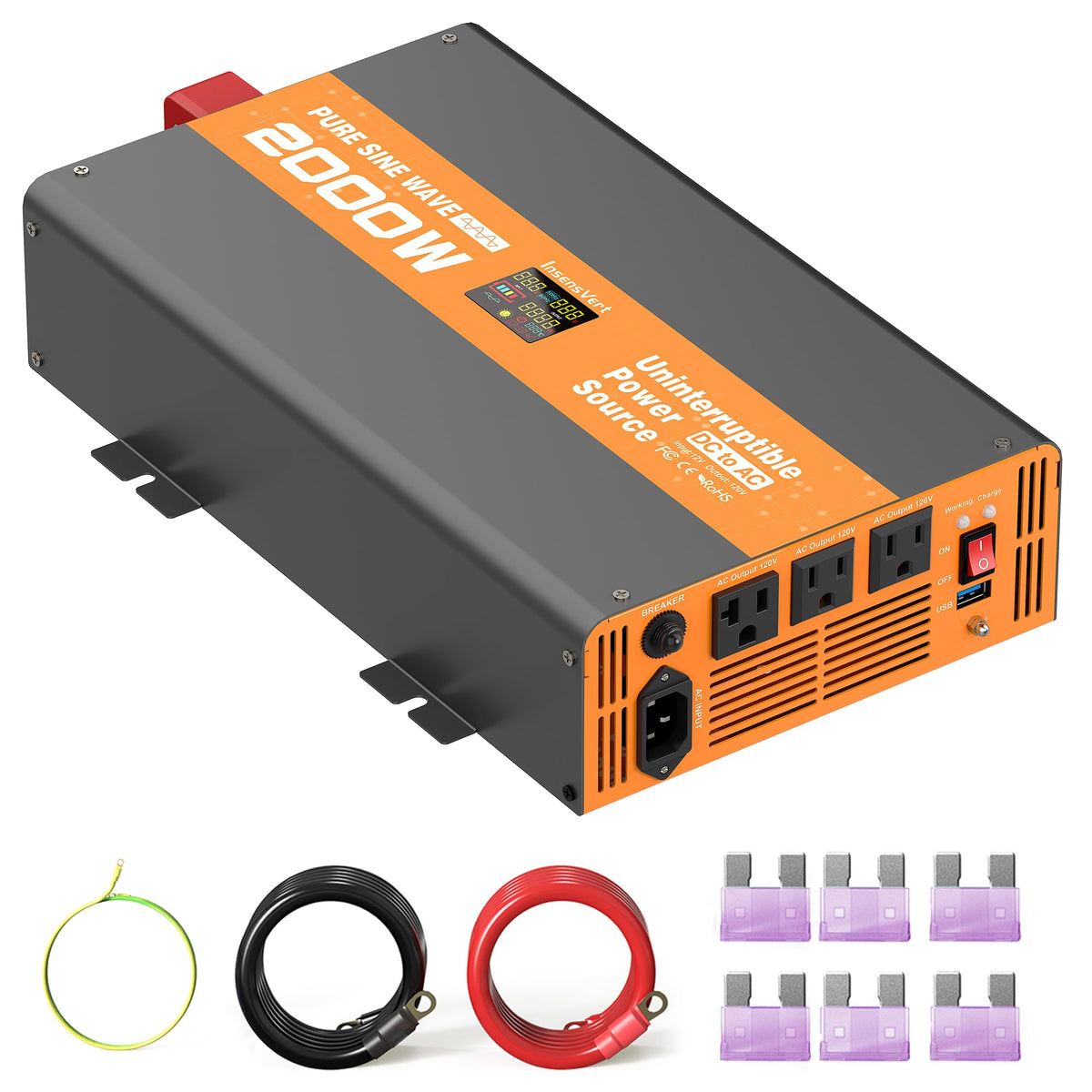 InsensVert 2000W sump pump backup with LCD display showing real-time status during outages