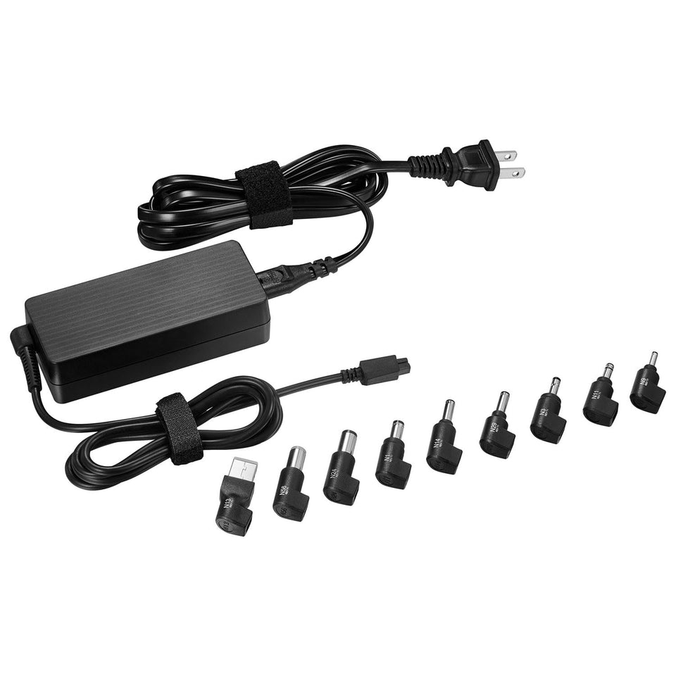 Insignia 65W adapter front view showing compact design and reliable power