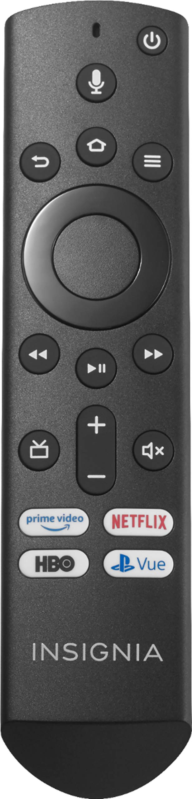 Insignia front view remote showing keys and ergonomic shape for easy control