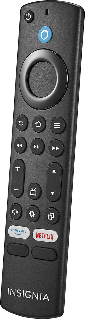 Insignia remote closeup of buttons highlighting voice and navigation ease