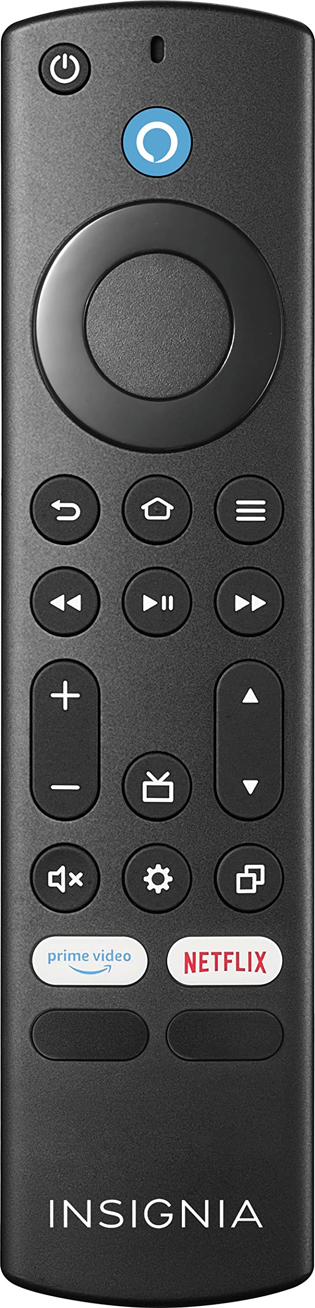 Insignia remote front view showing button layout and quick replacement benefit