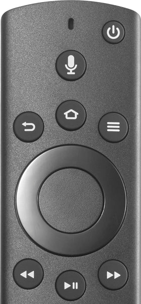 Insignia remote placed beside TV showing scale and compatibility with Fire TV Edition