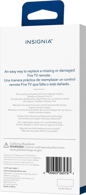 Insignia remote packaging and label showing model compatibility and clarity