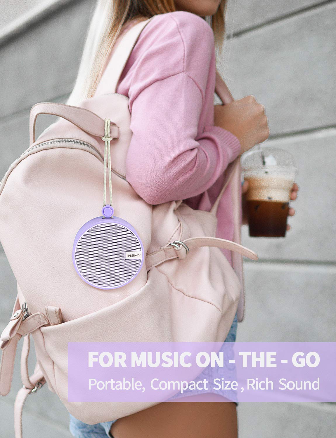 INSMY C12 hanging from lanyard on backpack delivering portable hands-free playback