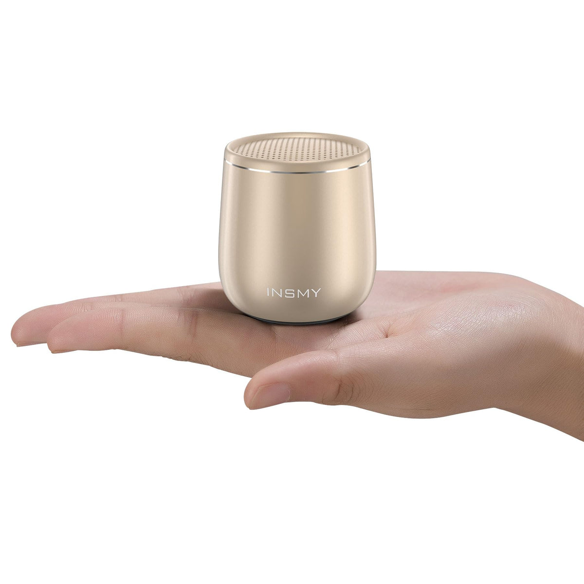 INSMY small Bluetooth speaker in gold, front view showing bold sound capability