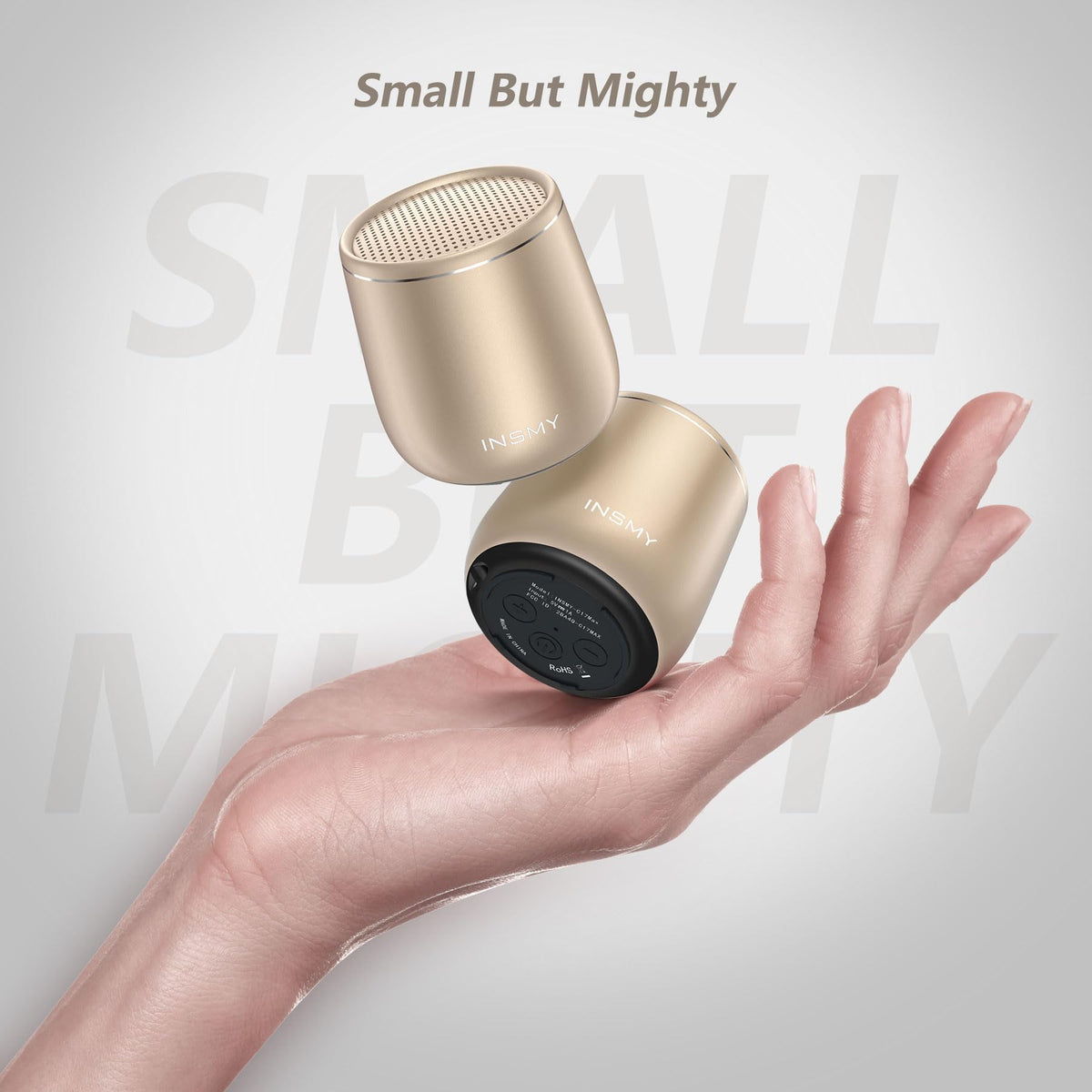 INSMY small Bluetooth speaker in gold, side angle for portable design