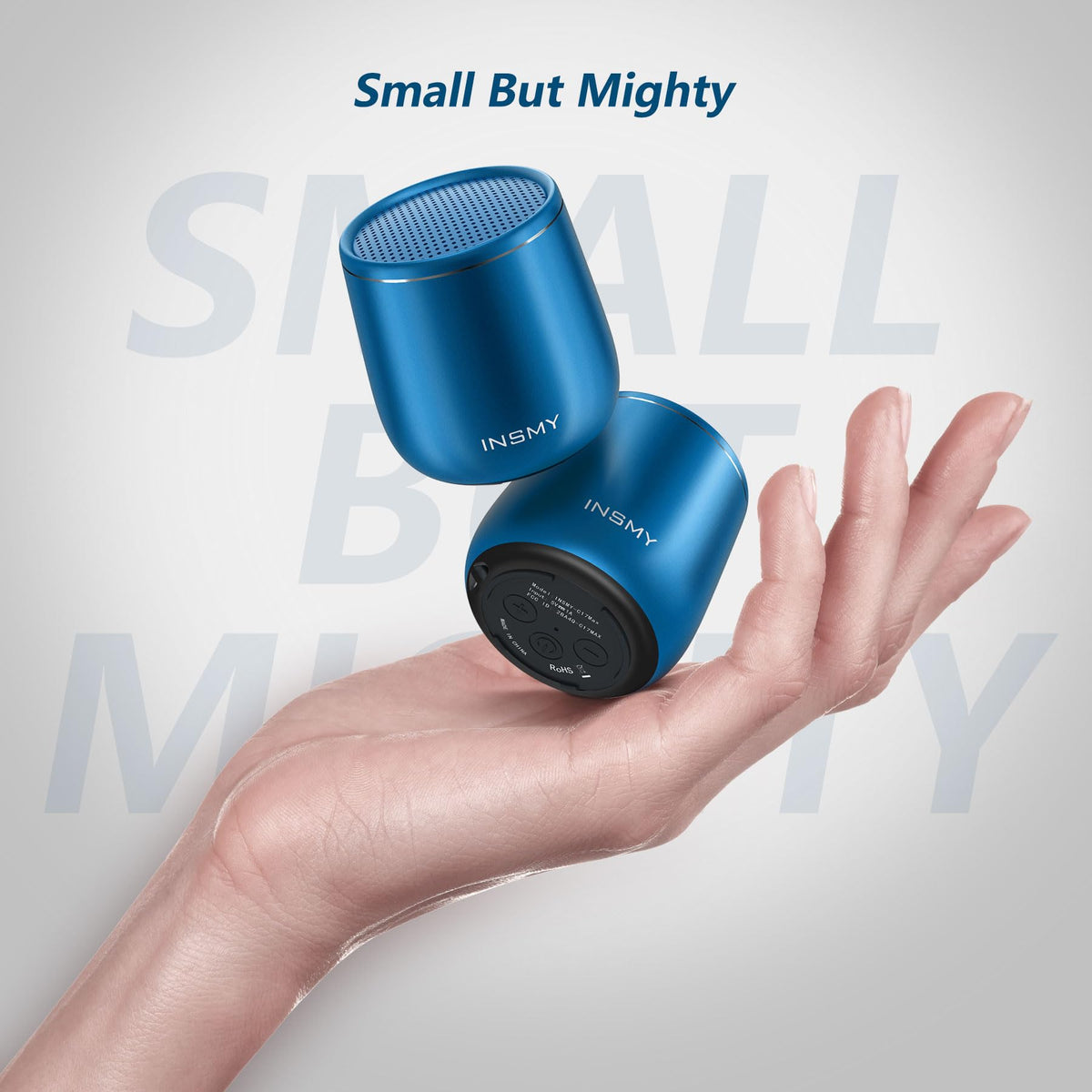 INSMY small Bluetooth speaker side view, portable form for travel and easy pocket carry