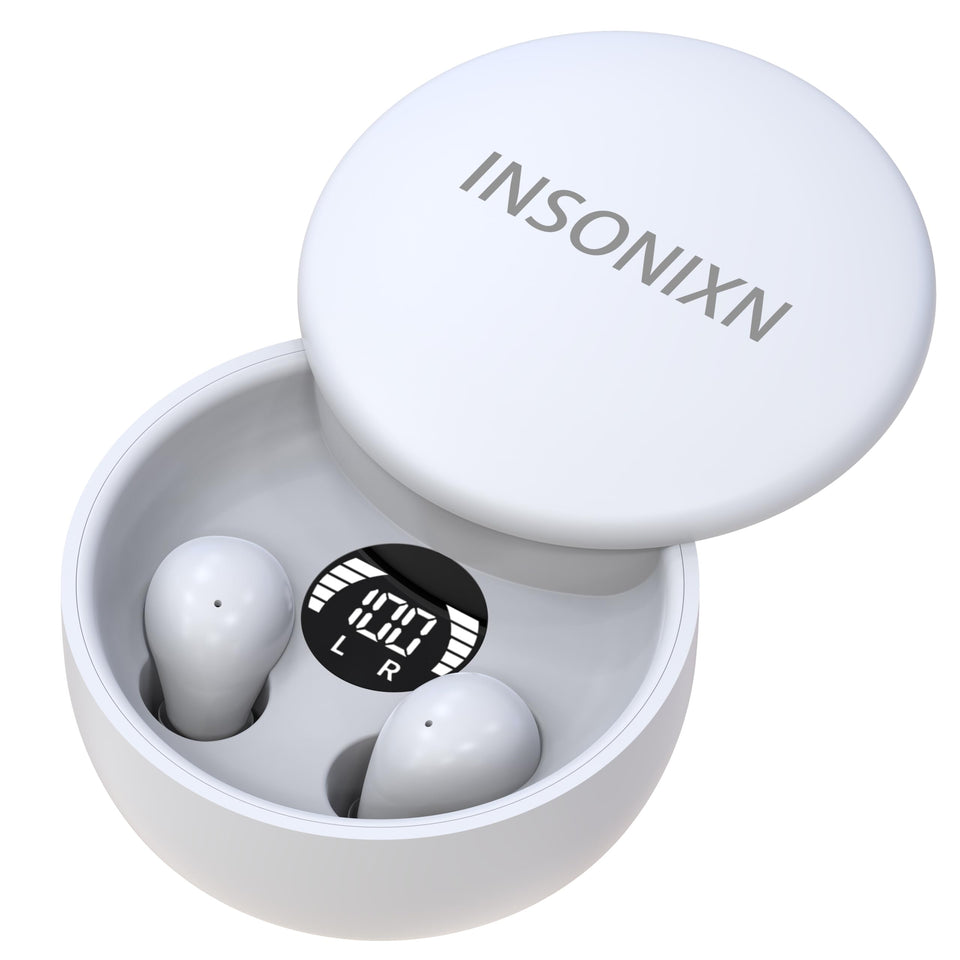 INSONIXN SK26 sleep earbuds in mini case for all-night listening.