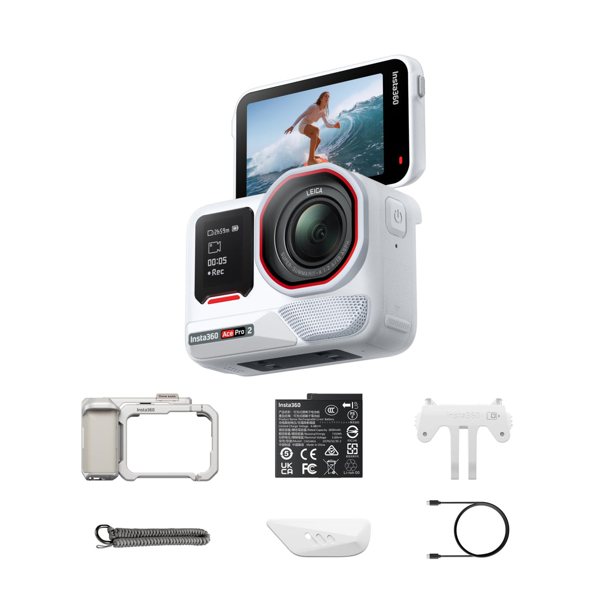 Insta360 Ace Pro 2 Arctic White front view highlights compact urban design