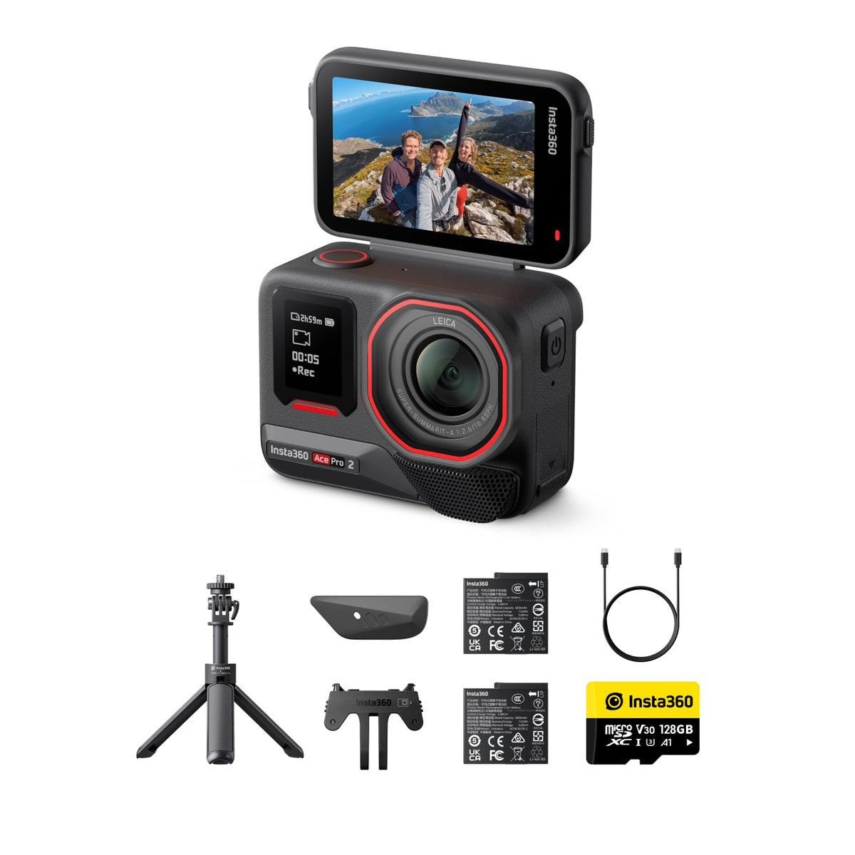 Insta360 Ace Pro 2 front view with Get-Set Bundle, vivid Leica-inspired color.