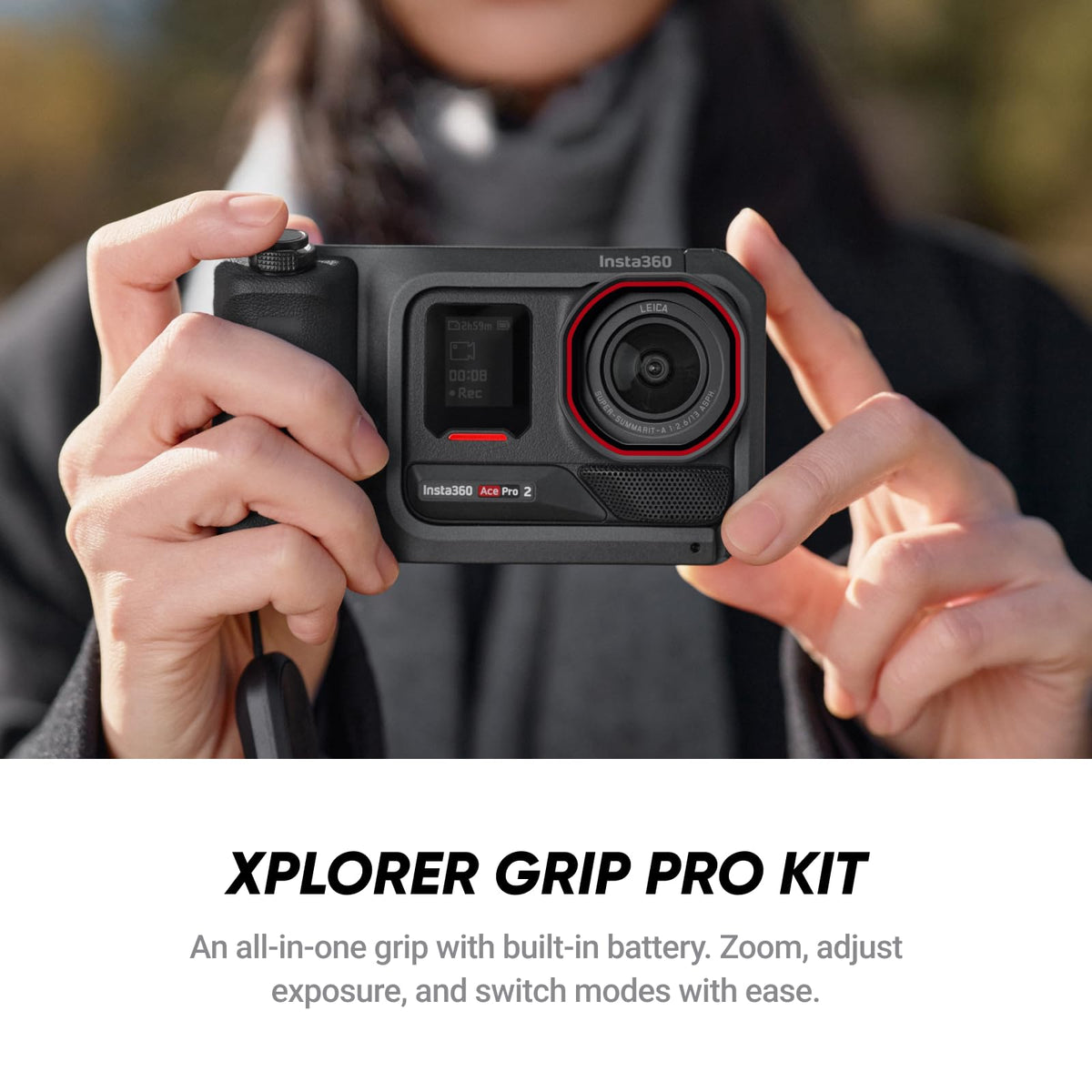 Insta360 Ace Pro 2 Xplorer Grip Pro Kit enables smooth 1 2x zoom.