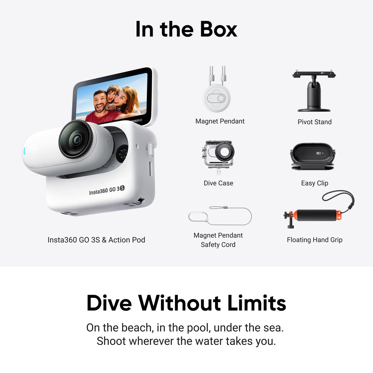 Insta360 GO 3S water sports bundle includes essential mounting gear