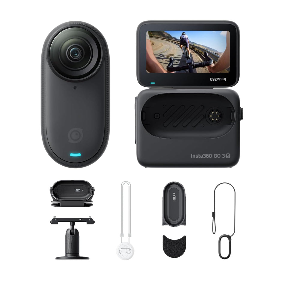 Insta360 GO 3S cycling POV bundle front view shows compact hands-free filming for rides.
