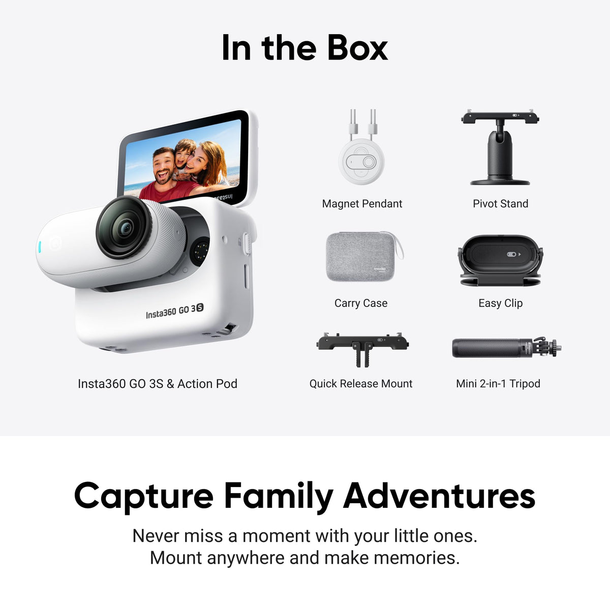 Insta360 GO 3S family bundle includes essential accessories.