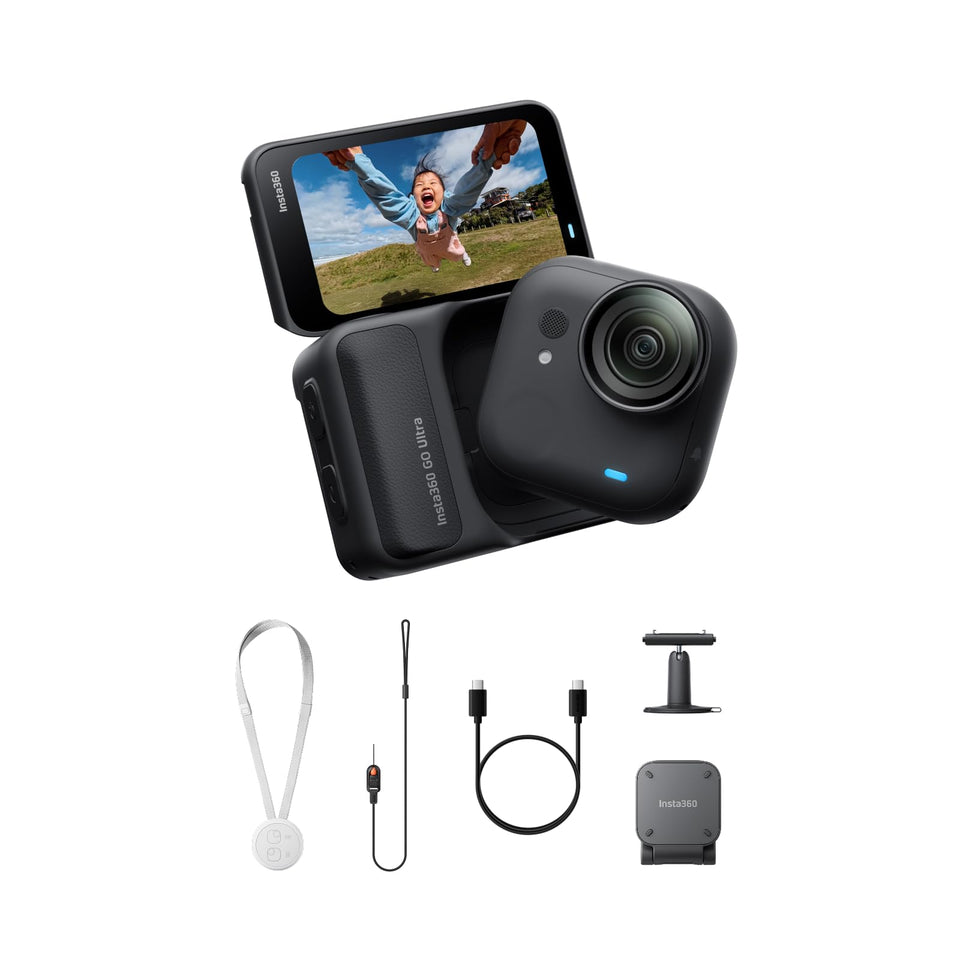Insta360 GO Ultra Essentials Box with included accessories for hands-free setup