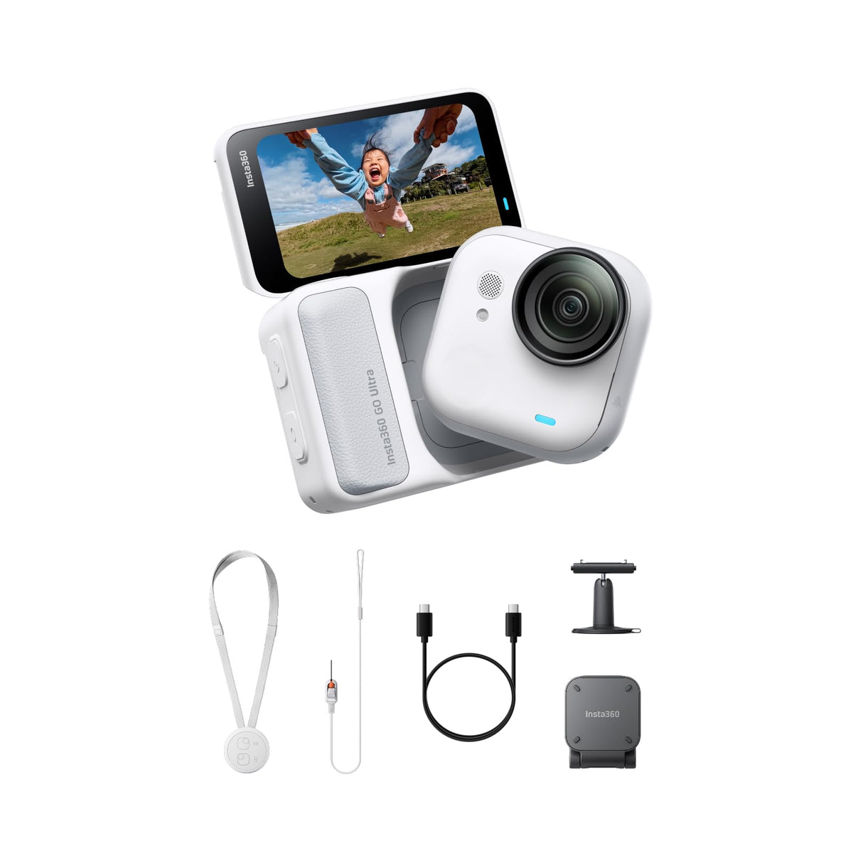 Insta360 GO Ultra Essentials camera in hand for hands-free vlogging on the go