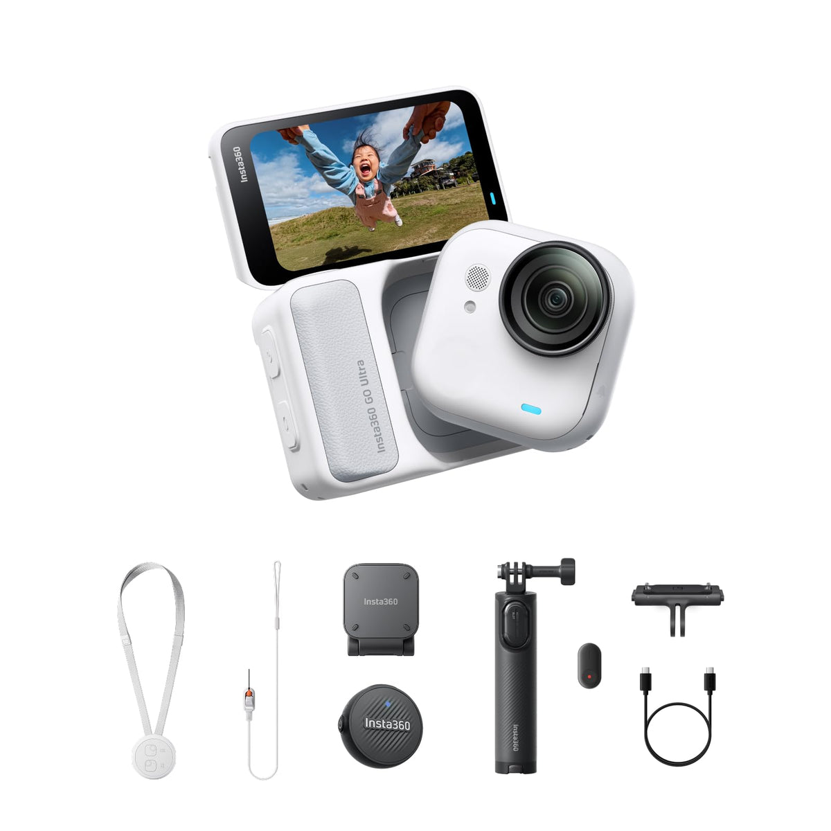 Insta360 GO Ultra with magnetic pendant for hands-free filming.