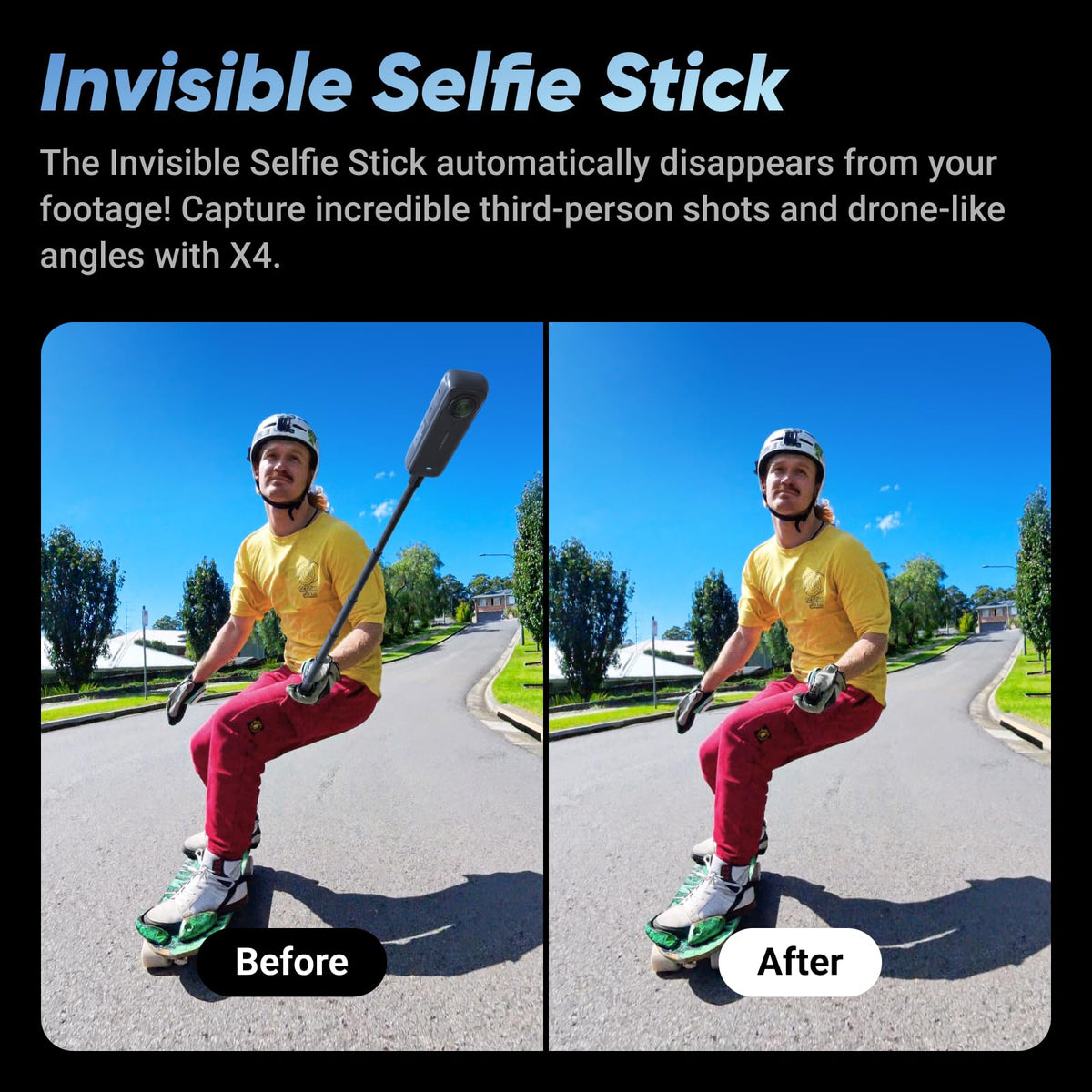 Insta360 X4 GPS Bundle invisible selfie stick view for drone-like footage.