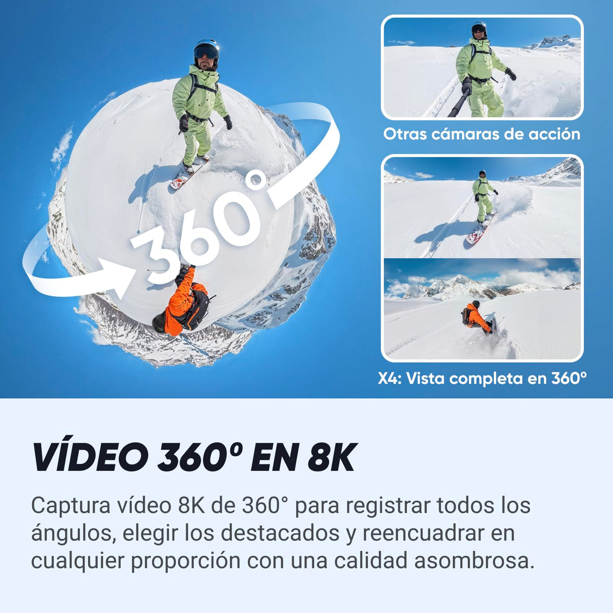 Insta360 X4 side view highlights rugged build for snow sessions.