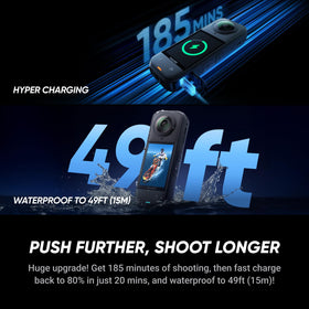 Insta360 X5 long battery life with fast charging for extended shoots.