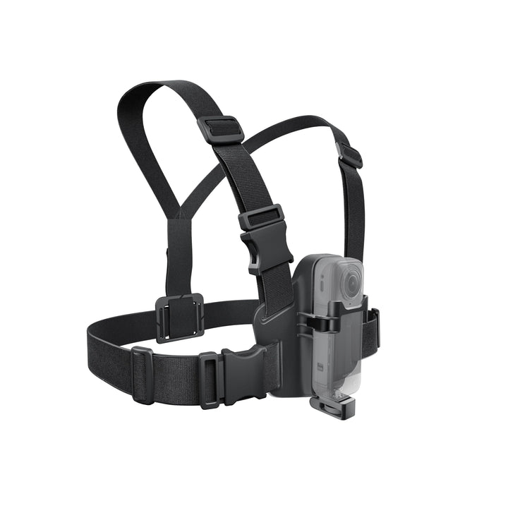 Insta360 chest mount front view showing secure straps and benefit stability