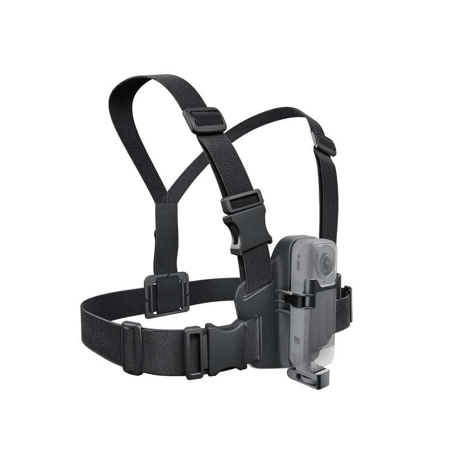 Insta360 chest mount front view showing secure straps and benefit stability