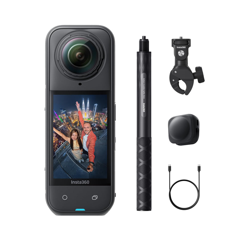 Insta360 X5 front view for immersive 360° footage on the move.