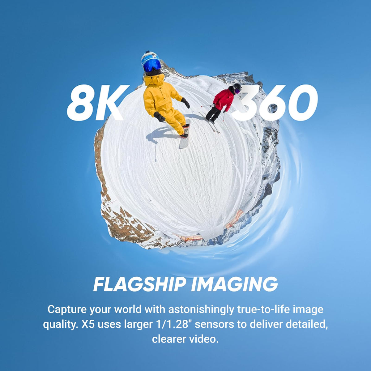 Insta360 X5 mounted on helmet shows immersive 360 footage on the slope.