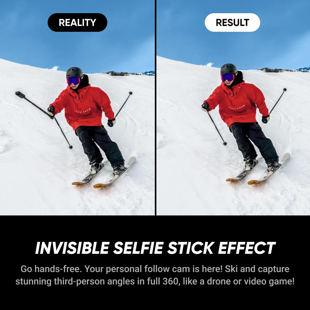 Insta360 X5 waterproof up to 49ft for deep snow and water sports.