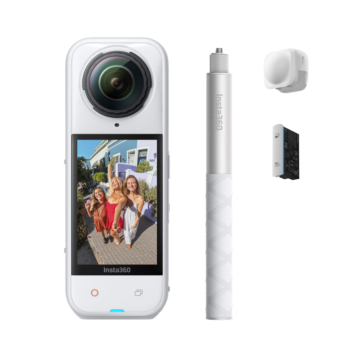 Insta360 X5 Starter Bundle satin white front view for immersive 8K 360° capture.