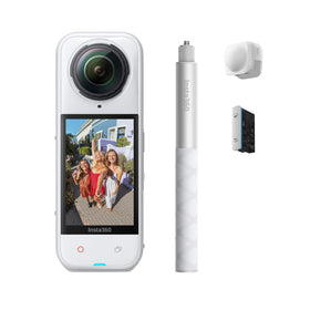 Insta360 X5 Starter Bundle satin white front view for immersive 8K 360° capture.