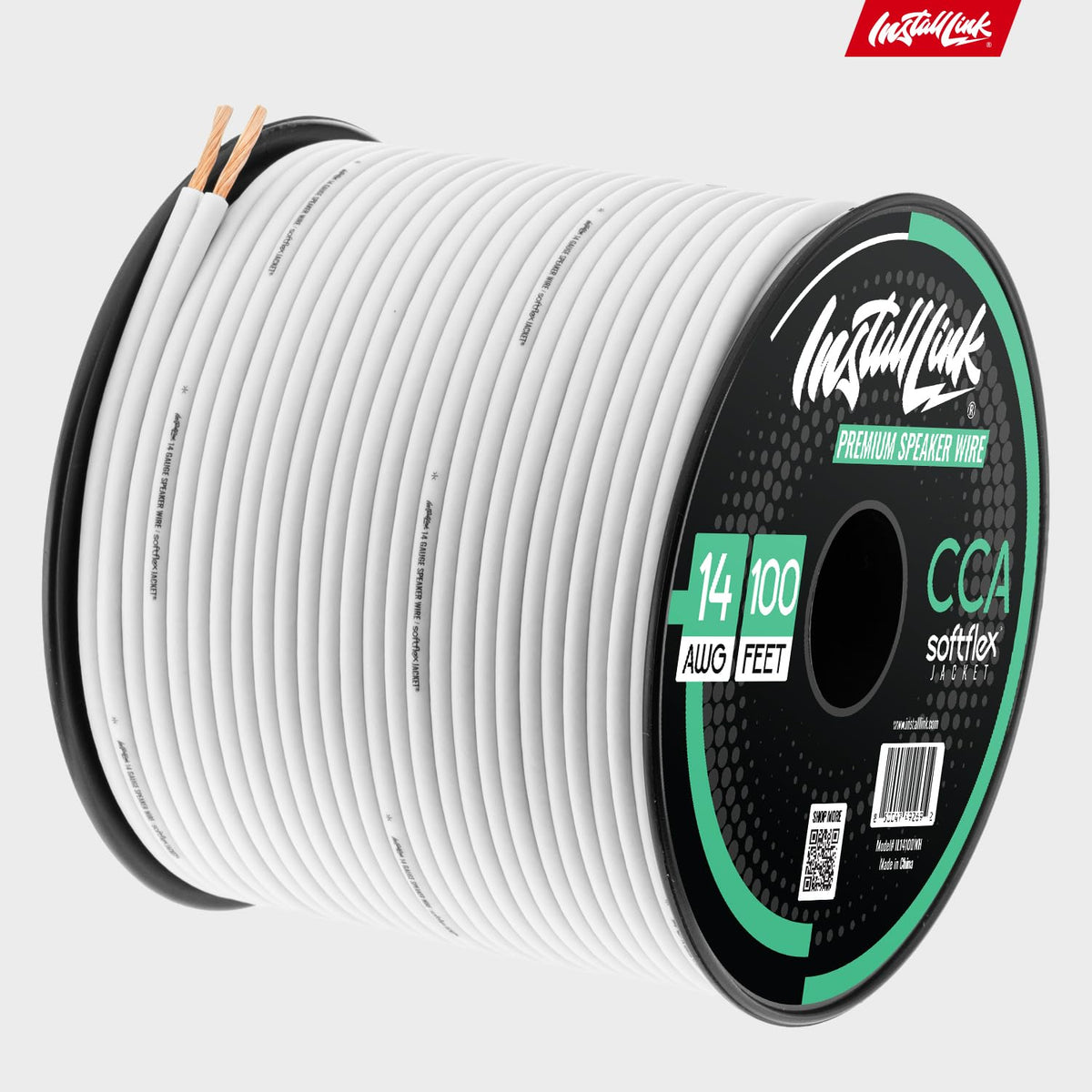 Install Link 100 ft white speaker wire reel suitable for DIY projects.