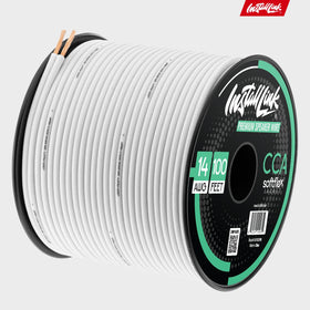 Install Link 100 ft white speaker wire reel suitable for DIY projects.
