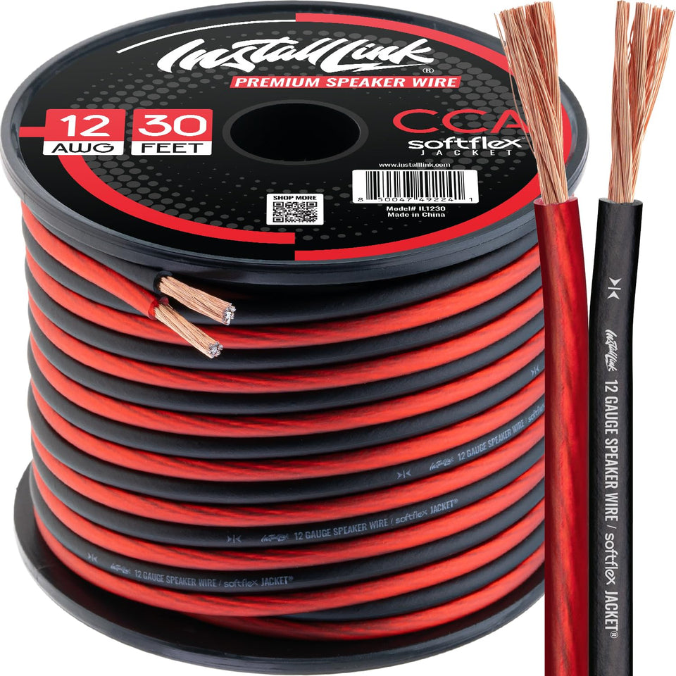 Install Link 12 AWG wire in frosted red and black on a 30 ft spool for home theater.