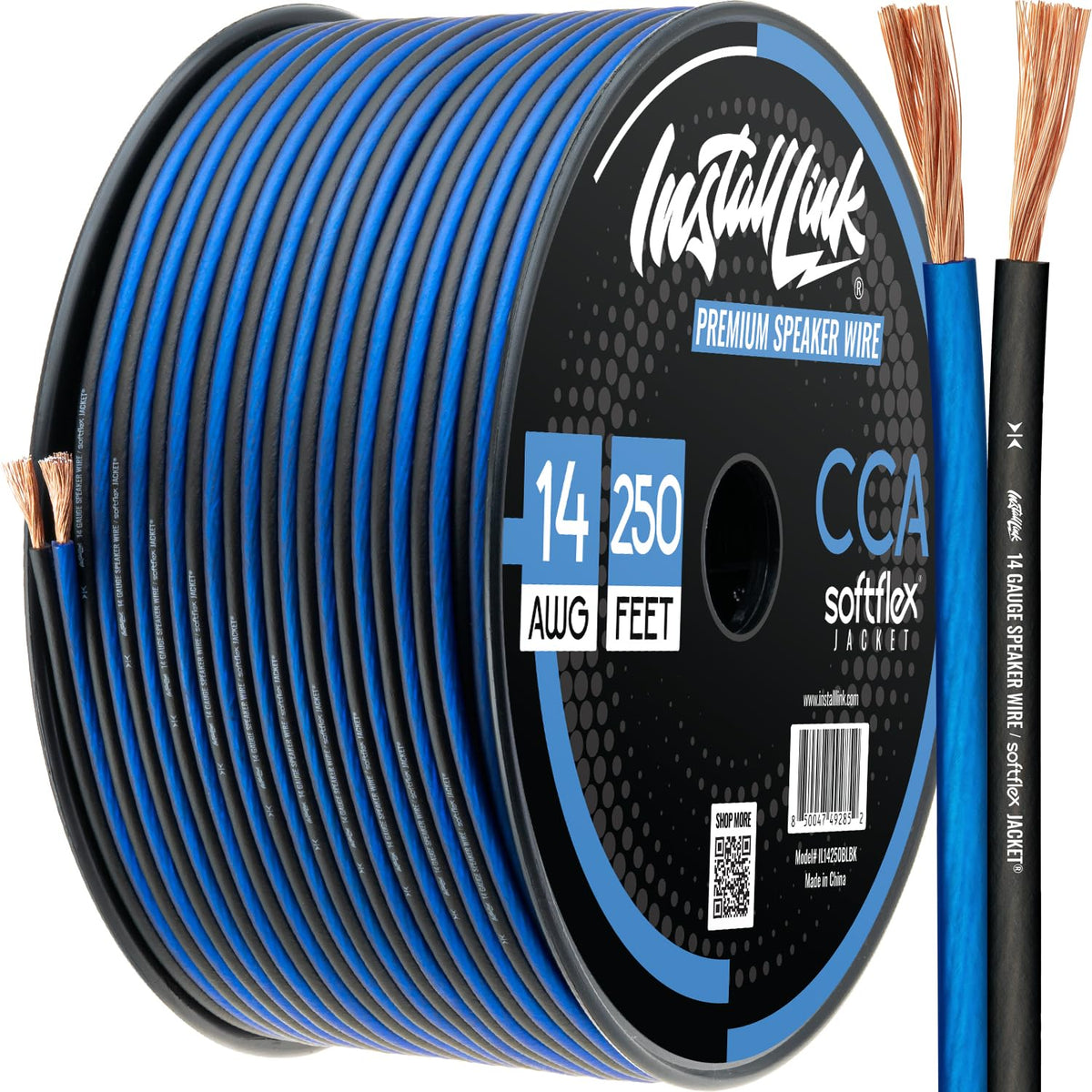 Install Link roll of 14 AWG speaker wire shows packaging and economical length benefit