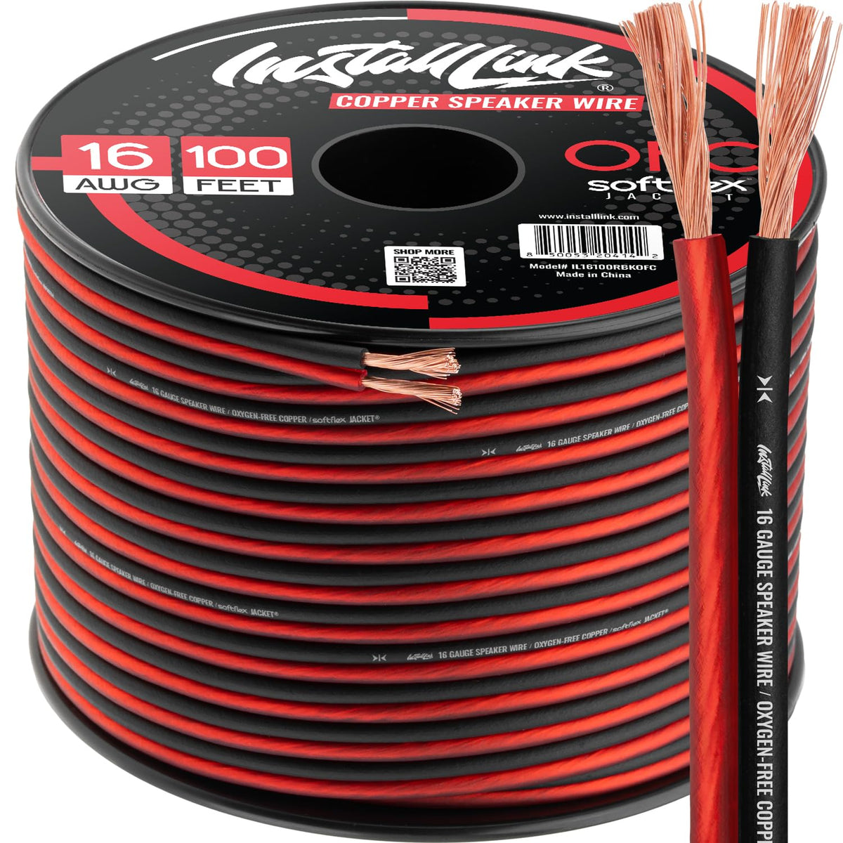 Install Link 16 AWG front packaging showing 100ft spool and frosted red black finish for easy installation