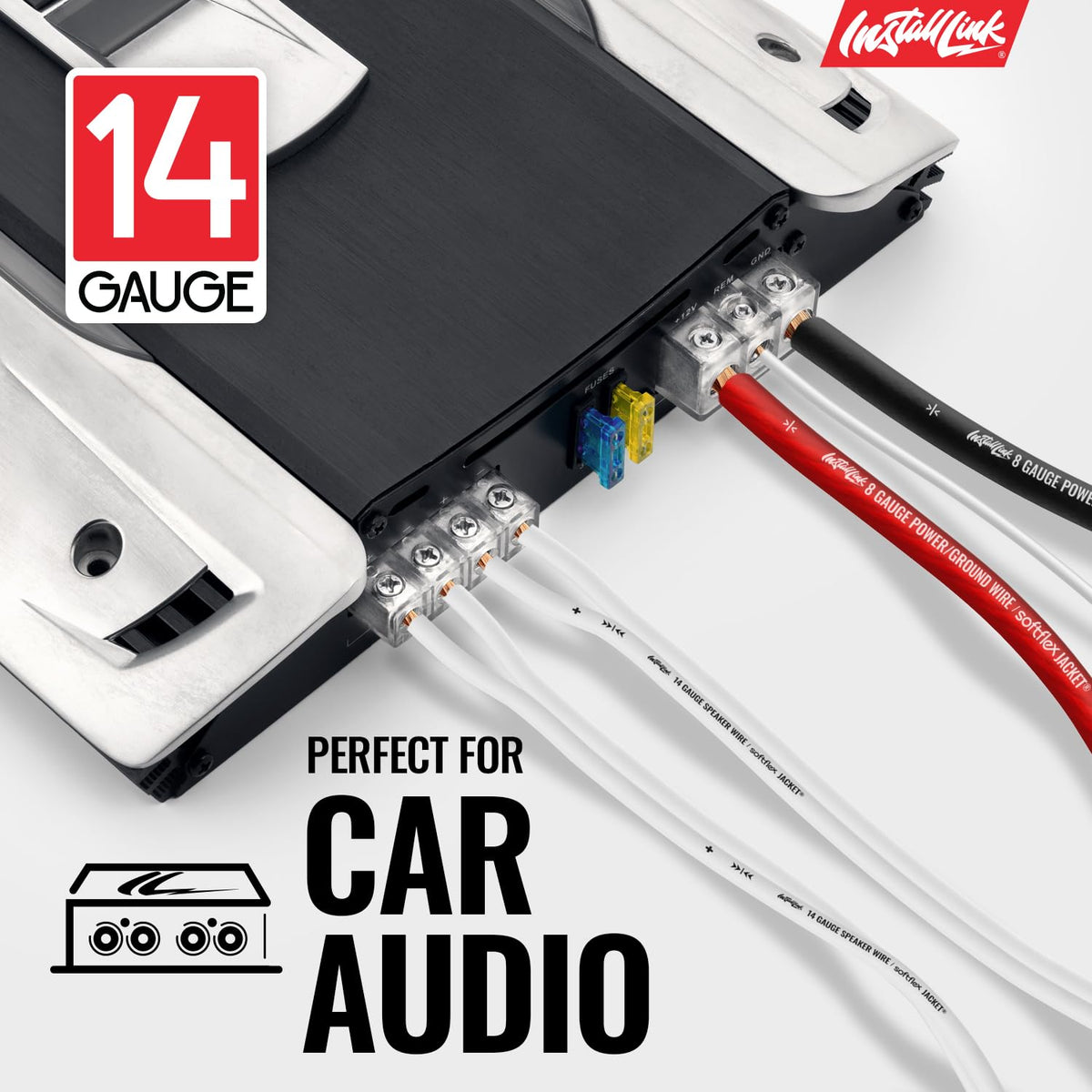Install Link 14ga wire used in a car audio installation scenario.