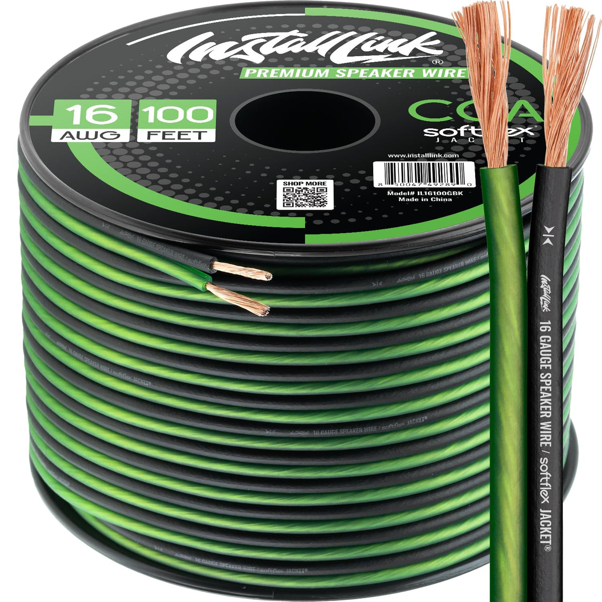 Install Link 16awg frosted green jacket wire for clean, flexible speaker connections.