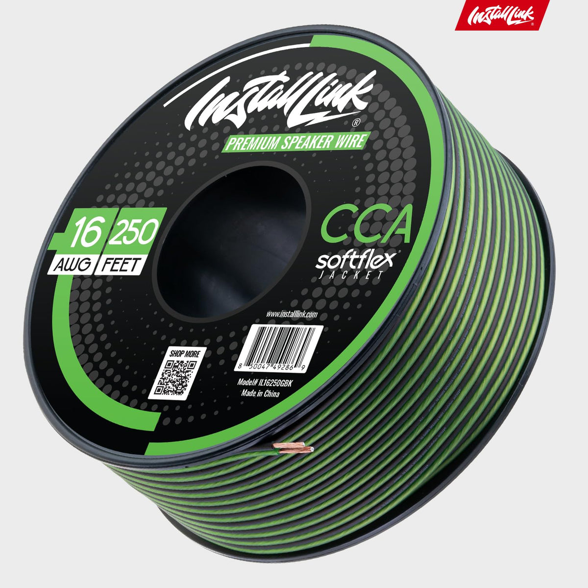 Install Link spool label and product specs showing gauge, length, and CCA material details