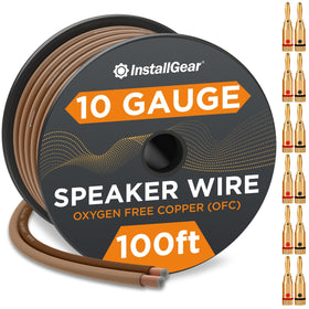 InstallGear 12-gauge speaker wire with 100ft length and 12 banana plugs for simple speaker connections.