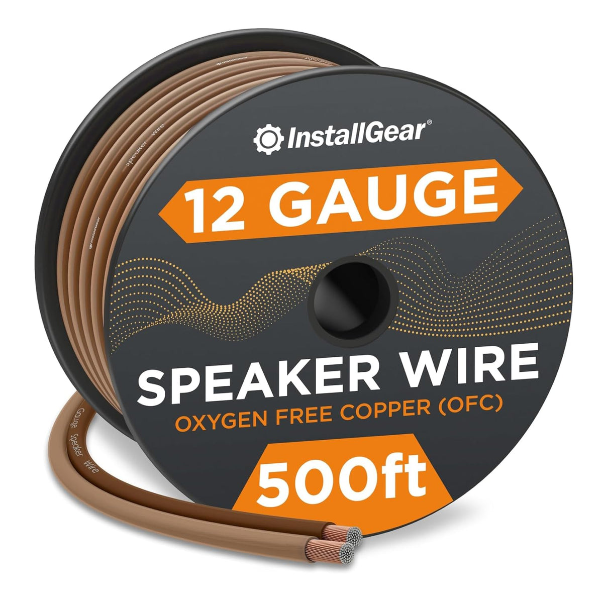 InstallGear 12 AWG speaker wire 500ft brown coil for outdoor connections.